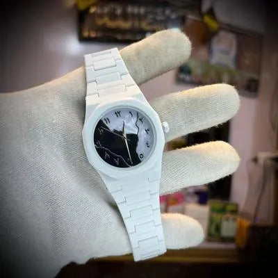 Men's Carbon Fiber White Marble Arabic Aura Watch
