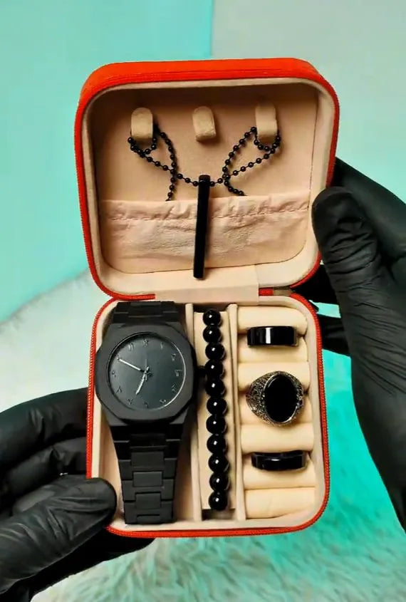 Pack Of 5 Top Fashion Men's Black AURA Watch Deal -Elegant Mens Black AURA l Watch +Chain Bracletes black hand band +Stone (Nag) wali Ring+3D Bar Stick Locket-High Quality Business Black AURA Watch