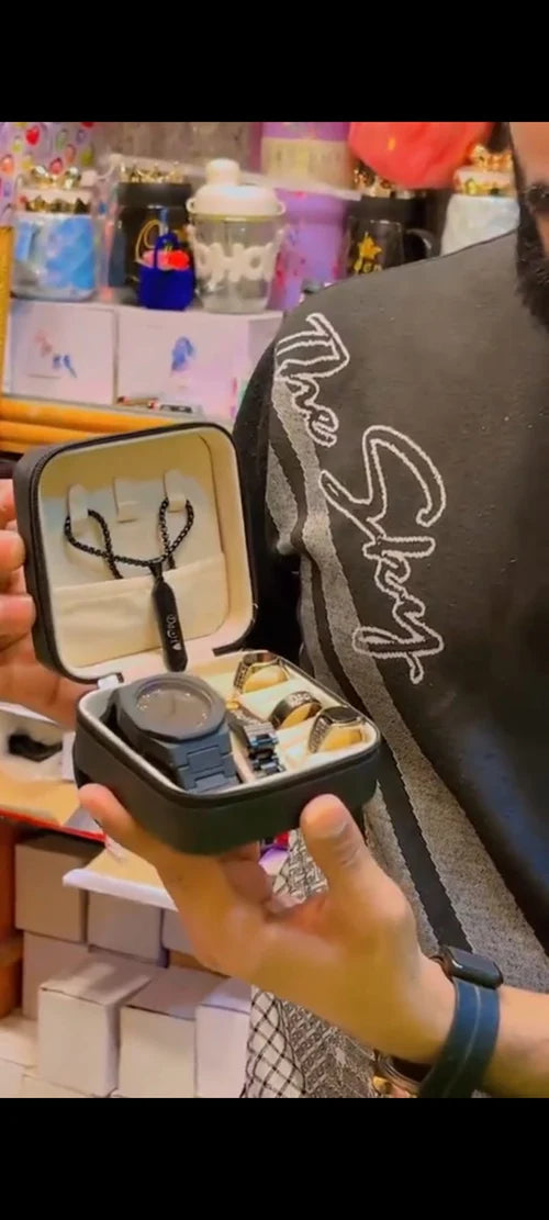 Pack Of 5 Top Fashion Men's Black AURA Watch Deal -Elegant Mens Black AURA l Watch +Chain Bracletes black hand band +Stone (Nag) wali Ring+3D Bar Stick Locket-High Quality Business Black AURA Watch