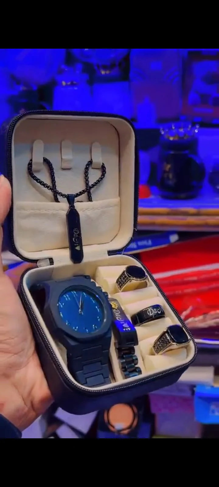 Pack Of 5 Top Fashion Men's Black AURA Watch Deal -Elegant Mens Black AURA l Watch +Chain Bracletes black hand band +Stone (Nag) wali Ring+3D Bar Stick Locket-High Quality Business Black AURA Watch