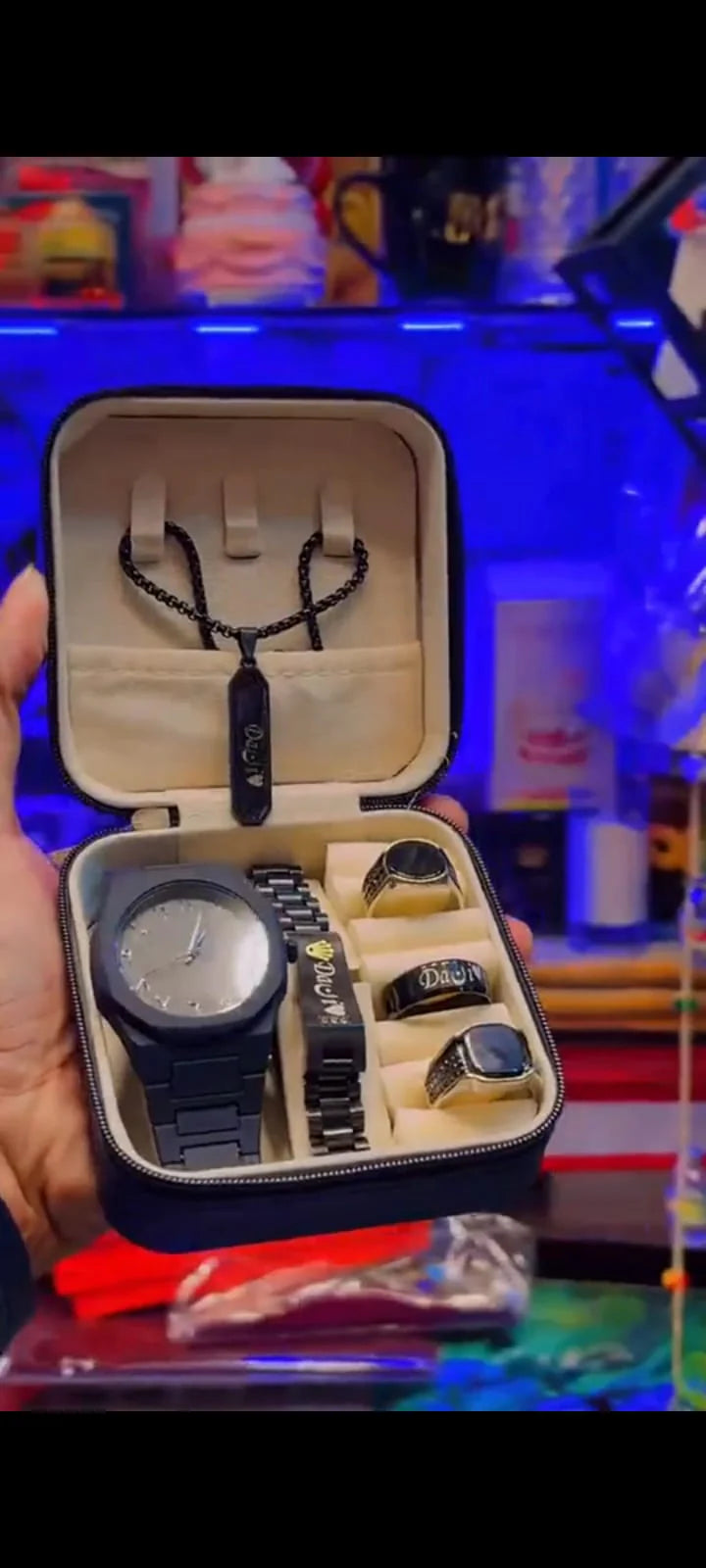 Pack Of 5 Top Fashion Men's Black AURA Watch Deal -Elegant Mens Black AURA l Watch +Chain Bracletes black hand band +Stone (Nag) wali Ring+3D Bar Stick Locket-High Quality Business Black AURA Watch