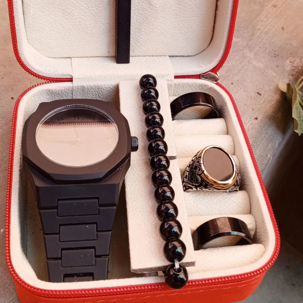 Pack Of 5 Top Fashion Men's Black AURA Watch Deal -Elegant Mens Black AURA l Watch +Chain Bracletes black hand band +Stone (Nag) wali Ring+3D Bar Stick Locket-High Quality Business Black AURA Watch