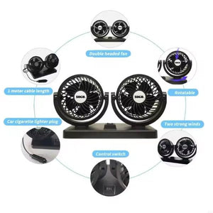 Car Fan Dual Head 4-inch 12v/24v – 360° Rotating Low Noise Cooling Fan With Cigarette Lighter Plug – 100% Copper Motor – Universal For Cars, Suvs & Trucks With Box