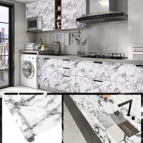 Self Adhesive White Marble Sheet Sticker For Kitchen, Cupboard, Wall – Anti Oil And Heat Resistant Wallpaper – Size 60x200