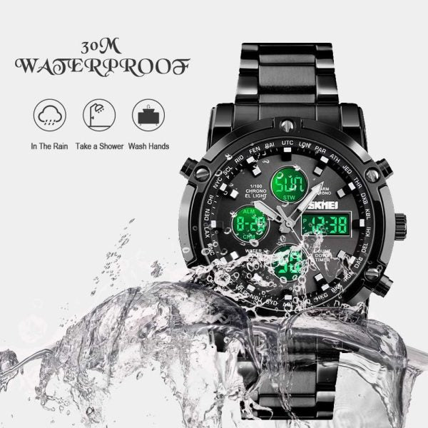 Skemie 1389 Men’s Digital Analog Watch Waterproof Digital Chronograph Led Multi-time Business Watch Stainless Steel (without Box)